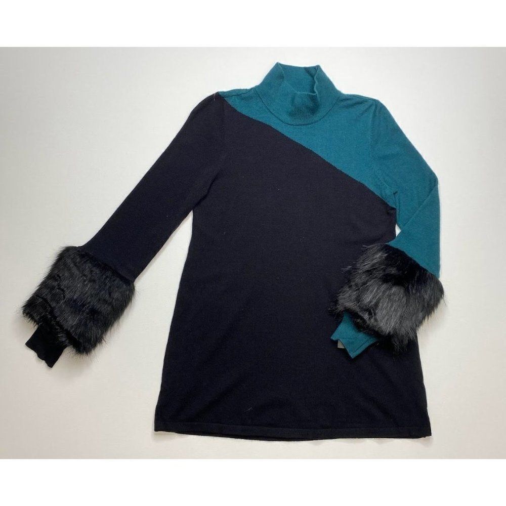 Alfani Turtleneck Sweater Top Small Black Teal Women's Faux-Fur Cuffs NEW